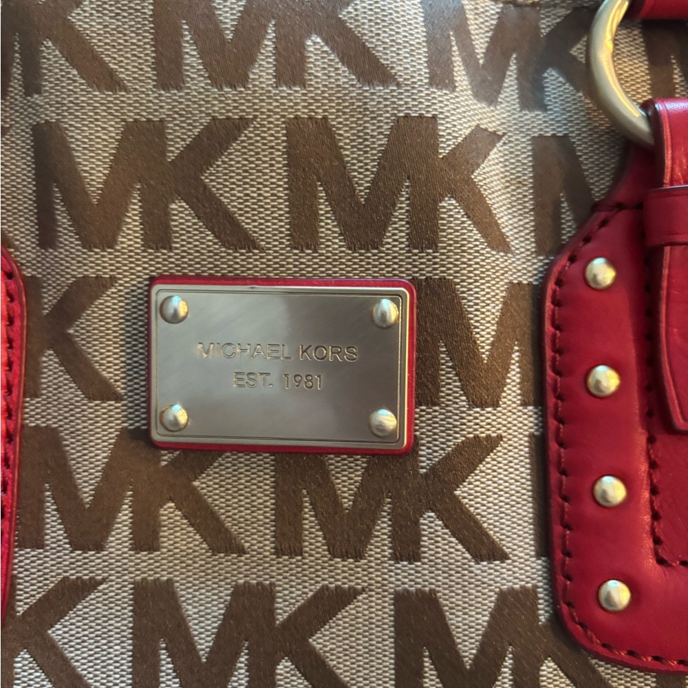 Michael Kors Red and Brown Tote Bag with Monogram Print - Picture 4 of 7